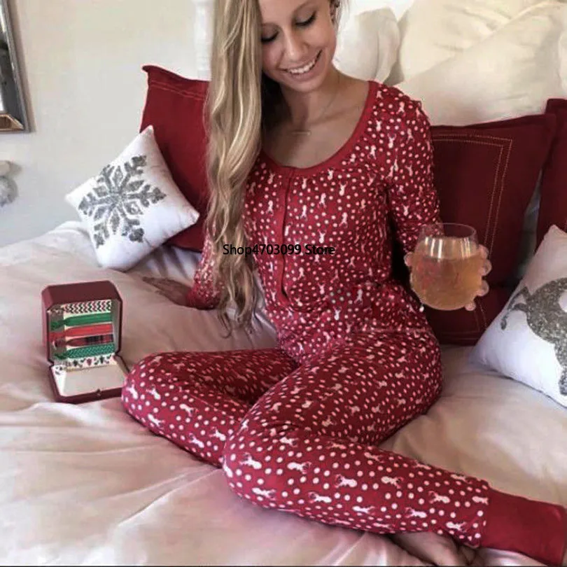 

2019 Women's Christmas Pajamas Sets Long Sleeve O-neck T shirt Long Pants 2PCS Sleepwear Clothes