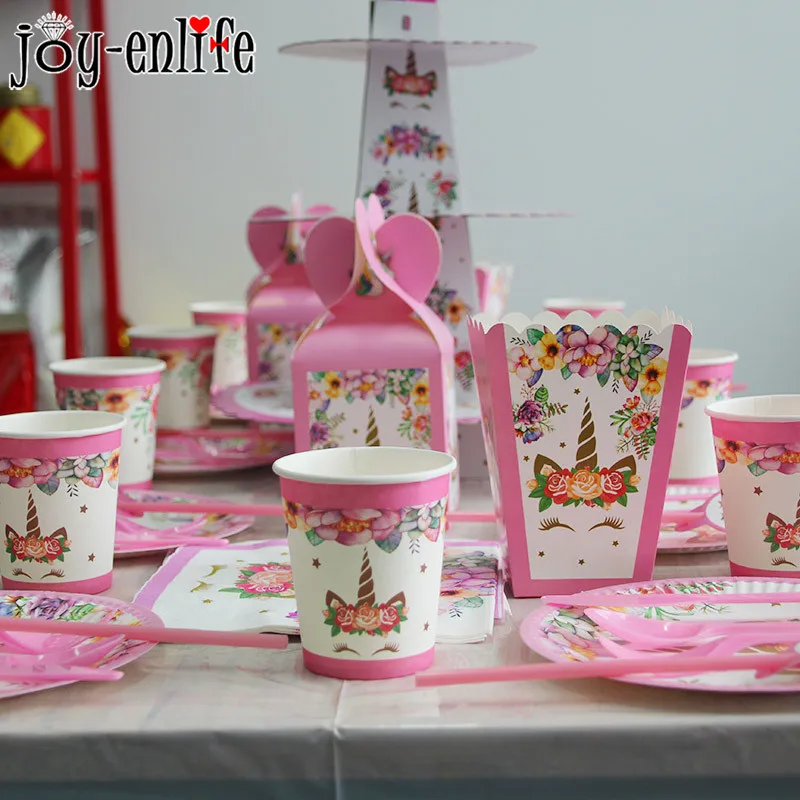 Для девочек на день рождения Розовый Единорог бумажная салфетка под тарелку кружку одноразовые наборы посуды детский душ 1-й первый день рождения принадлежности для вечеринок