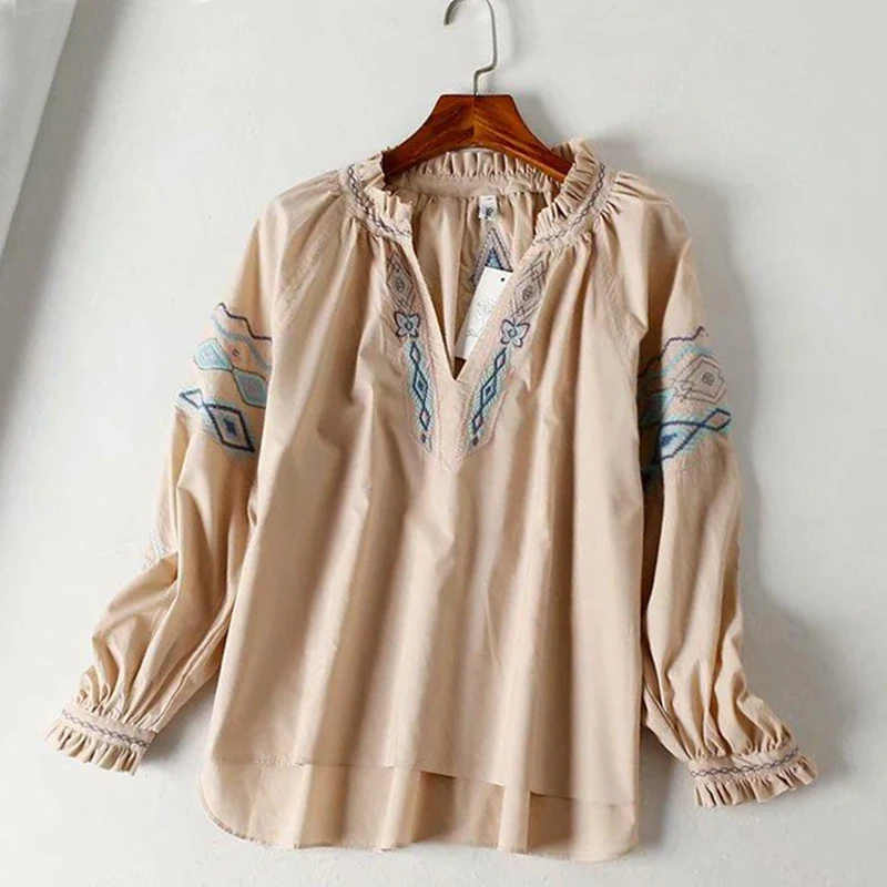 

KHALEE YOSE Cotton Floral Embroidery Blouse Shirt Autumn Long Sleeve Oversized Ethnic Hippie Mexican Blouses Womens Top Shirt