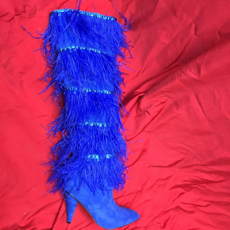Prova Perfetto перо кисточка покрытие замша сапоги до колена подиумная обувь женская с заостренным носком, высокие кожаные сапоги на каблуке зимние сапоги