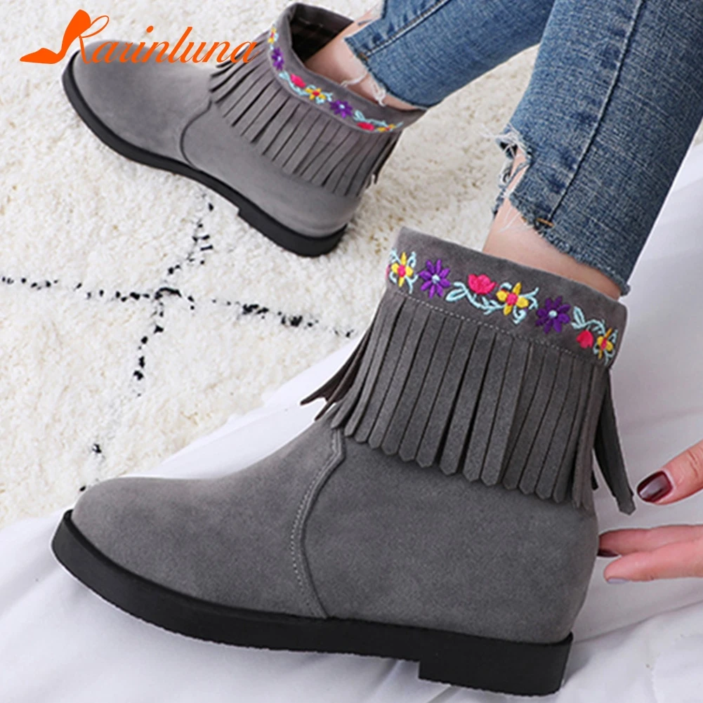

KARINLUNA Ankle Snow Boots Woman Ethnic Fringe Embroidered Flat Heels Round Toe Ankle Boots Woman Size 34-43