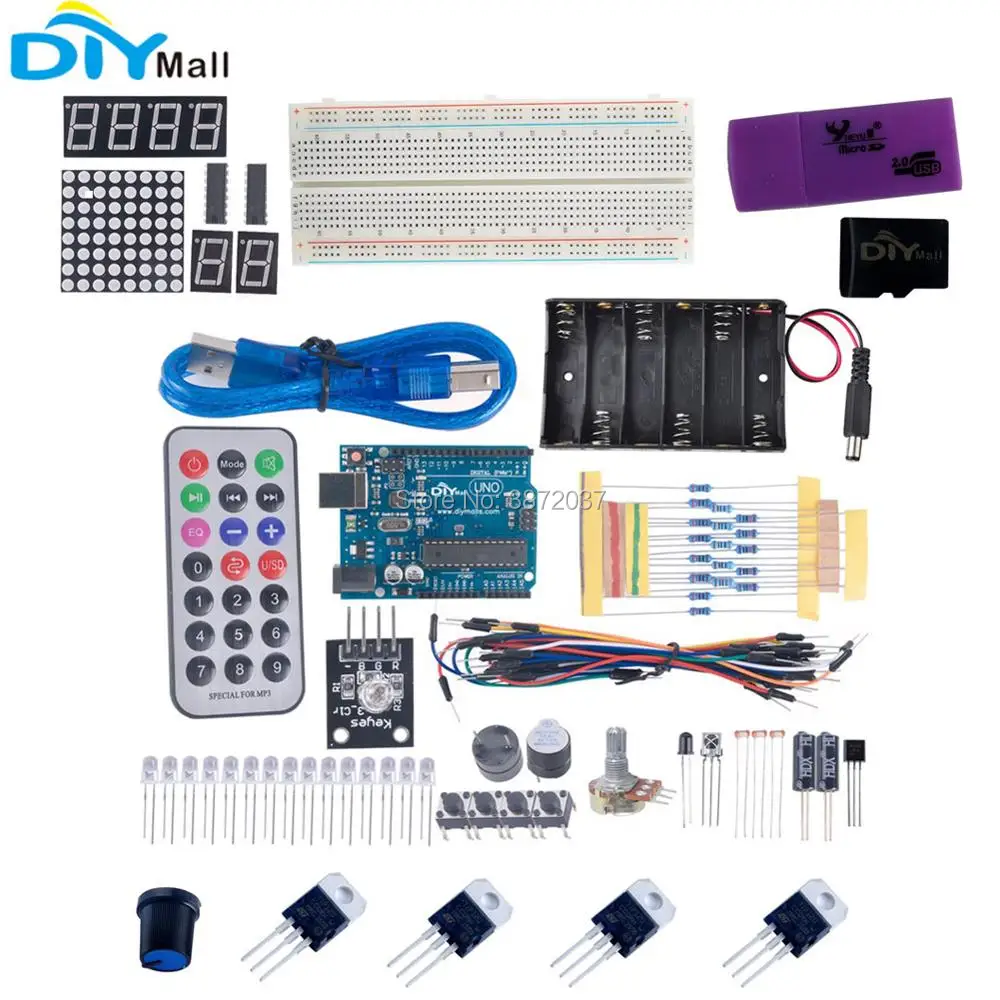

DIYmall Starter Learning Kit Middle Level UNO R3 Board Breadboard Jumper Wire Flame Sensor Infrared Receiver Module for Arduino