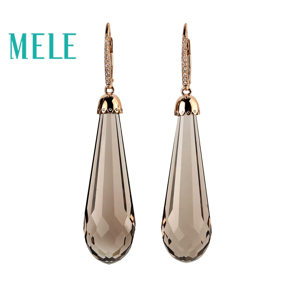 Женские серьги подвески MELE из 18 каратного золота с натуральным дымчатым кварцем