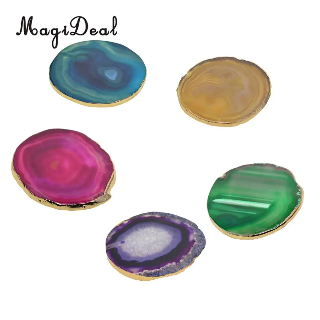 5 Colors Natural Agate Slices, Coasters, Cup Mats, Gold Edge, Crystals Geode Stones Home Decorations, 60-80mm
