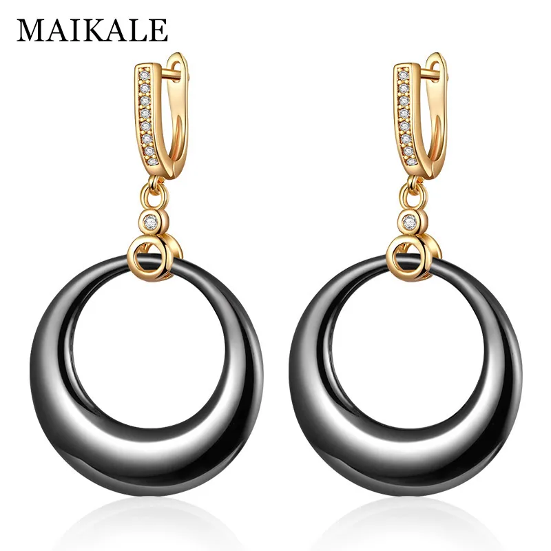 

MAIKALE Fashion Big Circle Ceramic Drop Earrings for Women Black White Cubic Zirconia Gold Silver Round Earings Charm Jewelry