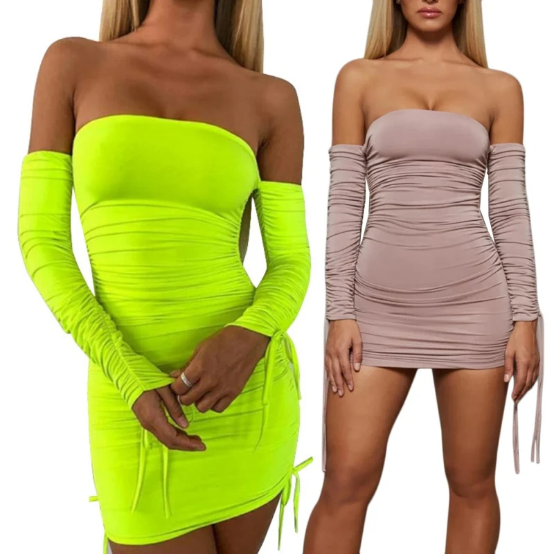 

2019 Summer Fluorescent Color Long Sleeve Drawstring Wrapped Chest Tight Bag Hip Dress Sexy Off Shoulder Club Women Dress