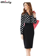Oxiuly Women Office Dresses 2017 Autumn Polka Dot V Neck Long Sleeve Pencil Dress Women Bodycon Dress For Formal Work Wear