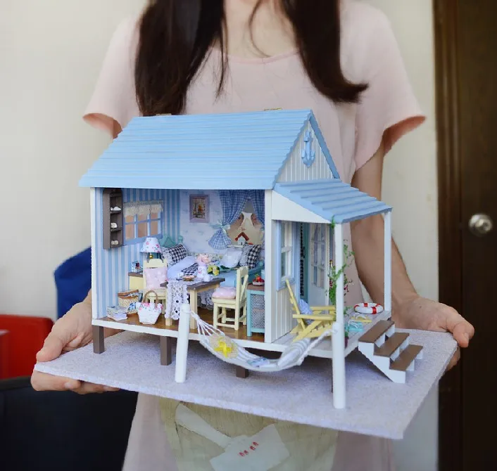 

A017A Happiness Coast diy big dollhouse villa Holiday doll house miniature with voice LED lights