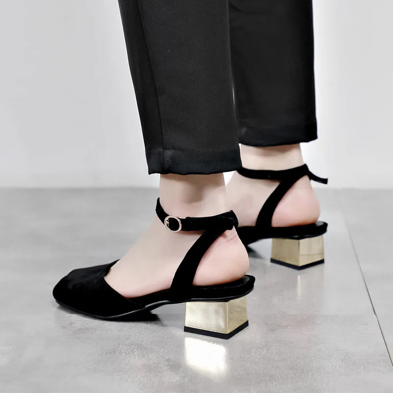 Summer new hollow out sandals square toe slingback woman shoes casual flock thick heels solid sandalias mujer ankle strap