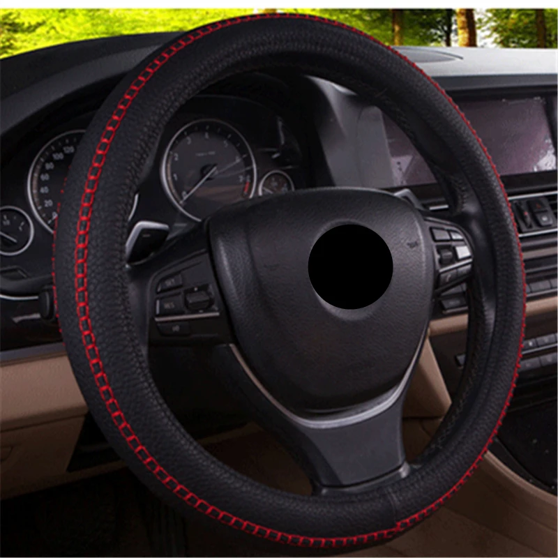 

LEDTENGJIE PU Leather Steering Wheel Cover Black Color Red Durable Sewing Thread M Size Fits 38cm/15" Diameter