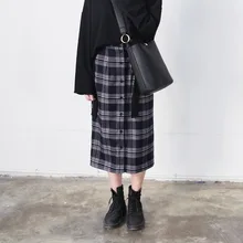 Chaos Повседневная темпераментная и удлиненная юбка Милая темно-синяя клетчатая юбка трапециевидной формы модная Высококачественная юбка из телячьей кожи на молнии