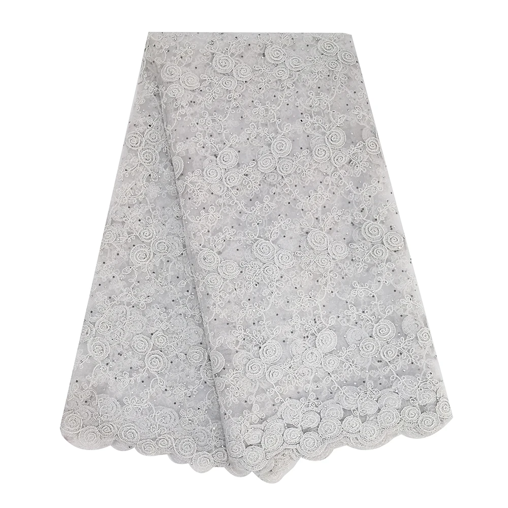 

White French Lace Fabric 5 Yards African Fabric Lace High Quality Embroidery Tulle Net Lace Fabric with Plenty Stones 2019