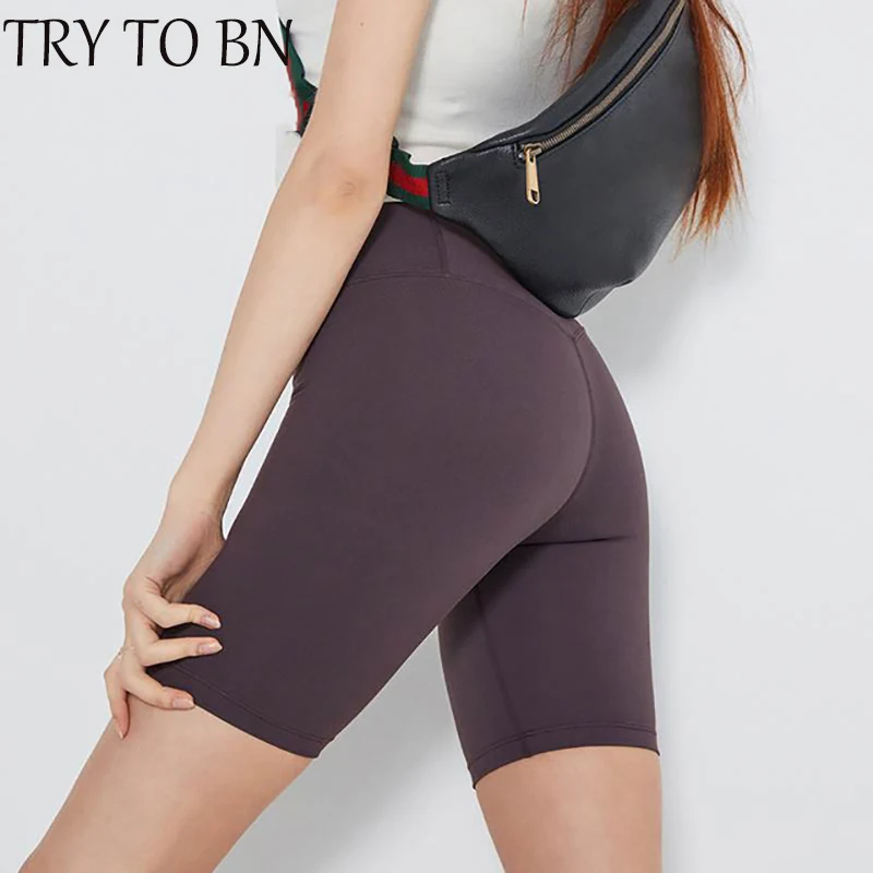 

TRY TO BN Women's Shorts High Elasticity Quick Drying Slim Fit High Waist Shorts Leisure Solid Workout Fitness Szorty Damskie