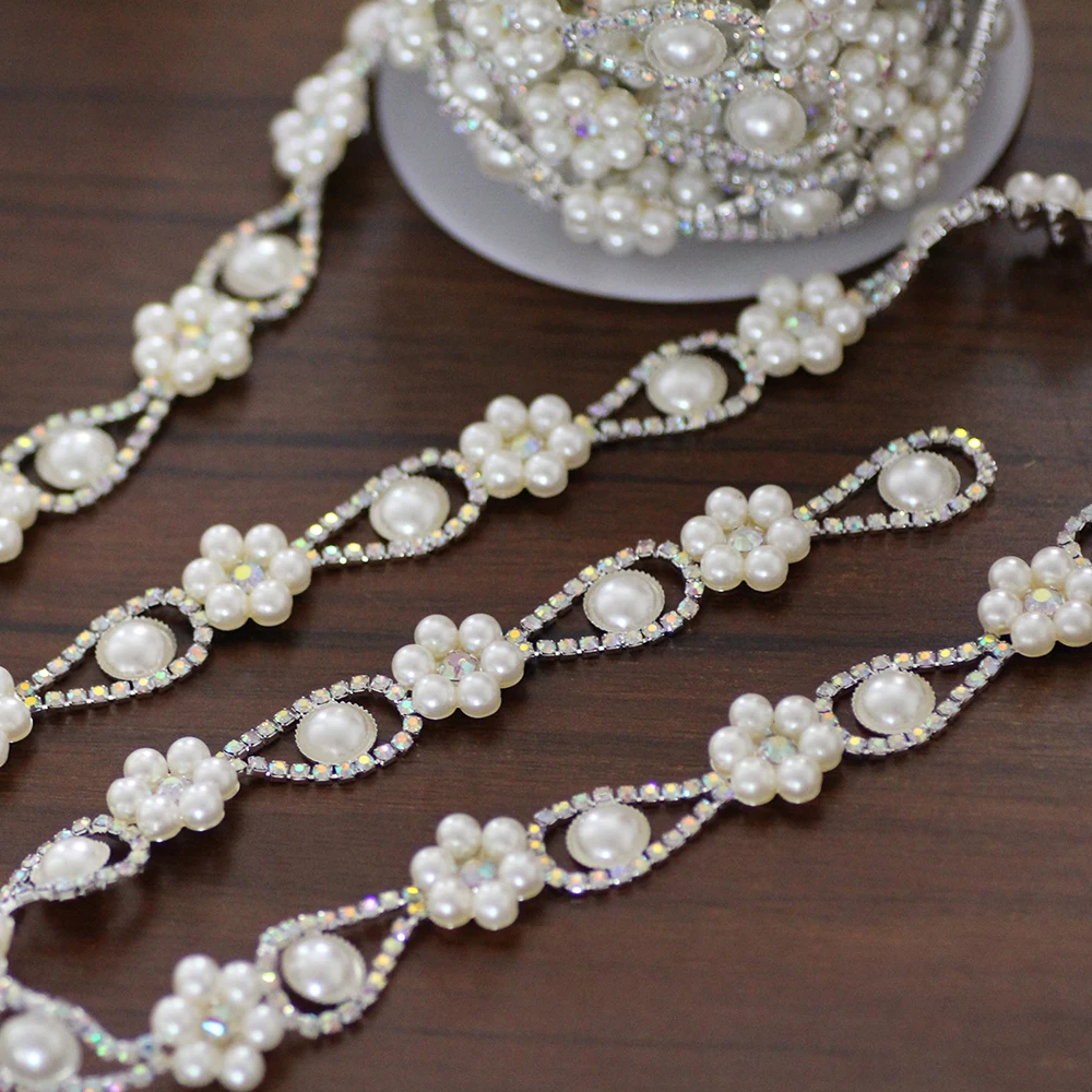 

Flower Pearl Crystal AB Rhinestone cup Chain Sew On Rhinestone Applique For Wedding Dress Decoration Rhinestone trim for belt