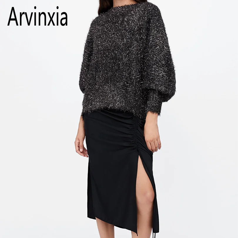 

Arvinxia ZA Fashion Solid Puff Sleeves Women Sweaters New Arrivals Loose O Neck Woman Pullovers Chic Elegant Autumn Winter Tops