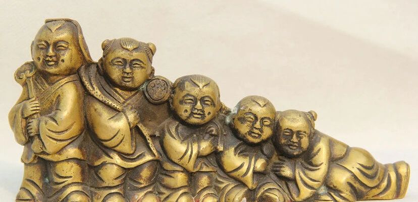 

201@g++7" Old Chinese Fengshui Copper Five Boy Lad Girl Play Bless Statue Sculpture