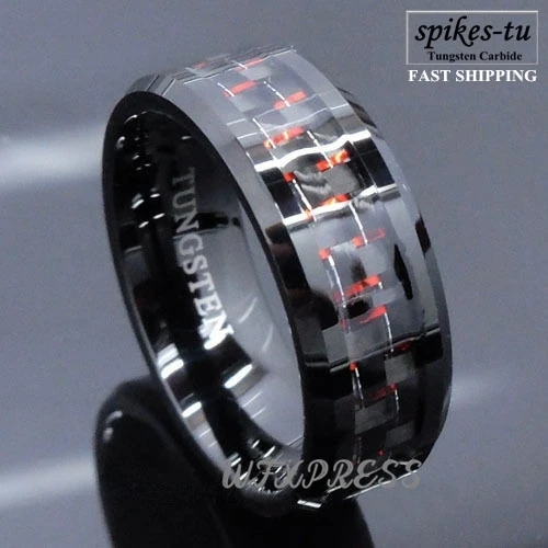 Men S Tungsten Ring With Carbon Fiber 8mm Black And Red Wedding Band