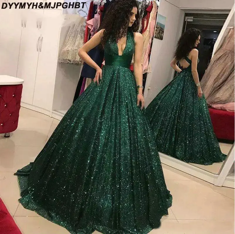 2019 Bling Bling Evening Party Gowns Deep V Neck Criss Cross Backless Sexy Long Sequined Prom Dresses_