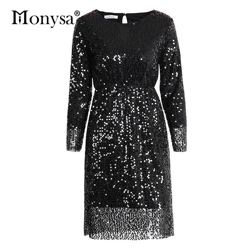 

Women Sequin Party Dress 2018 Autumn New Arrival Fashion Long Sleeve Casual Dresses Ladies Elegant Holiday Bling Dress Black
