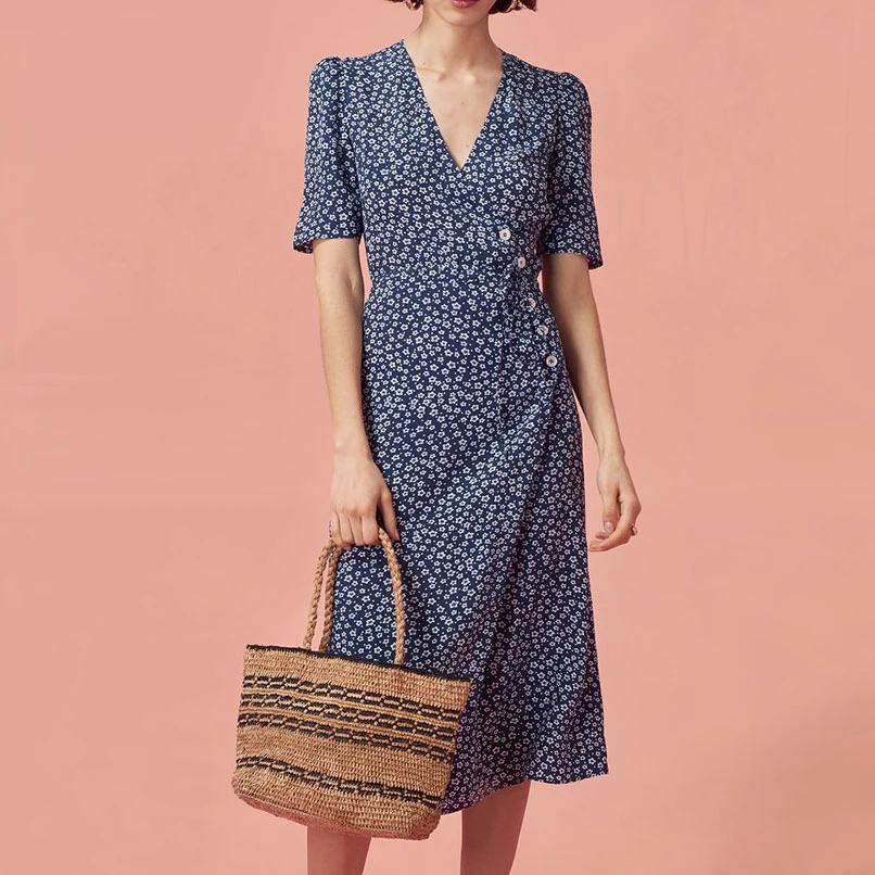 

2019 Summer Women V-Neck Puff Sleeve Pin Up Midi Dress Ladies Print Blue Wrap Dresses Robe Vintage Femme Ete
