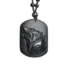 

Dropshipping Chinese Carving Obsidian Lucky Amulet Wolf Head Pendant Black A Obsidian Necklace Men fine Jewelry Wholesale Gift