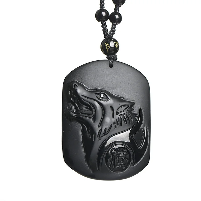 Obsidian Wolf Necklace Drop Shipping Black A Obsidian Stone Amulet Wolf Head Pendant Necklace 