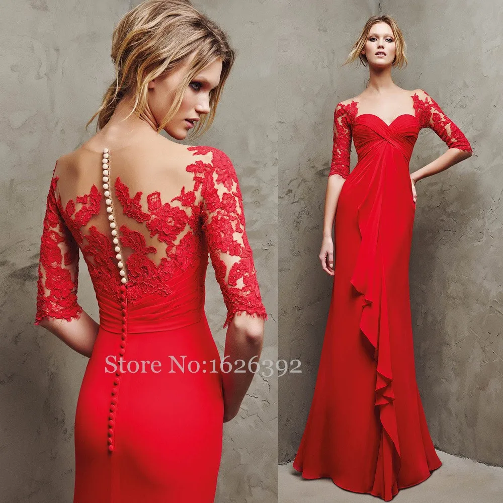 Robe De Soiree 2017 High Quality Red Long Evening Dresses Sheer Half