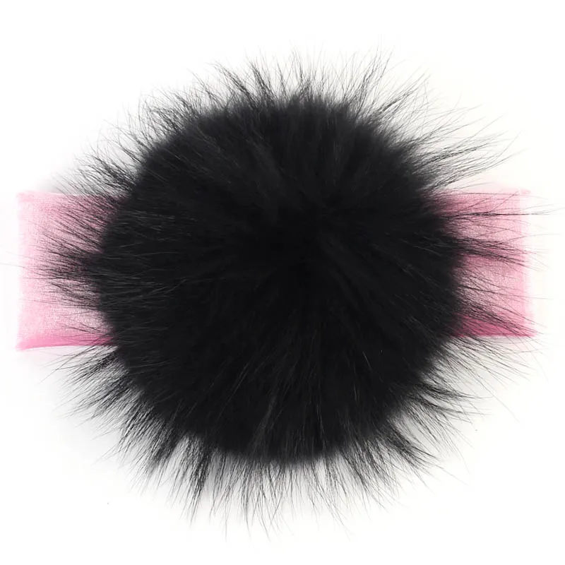 Geebro 15 см мех енота помпонами для малышей плотная велюровая головная повязка для девочек Упругие волосы тюрбан-повязка для девочек повязки для малышей - Цвет: Pink Black
