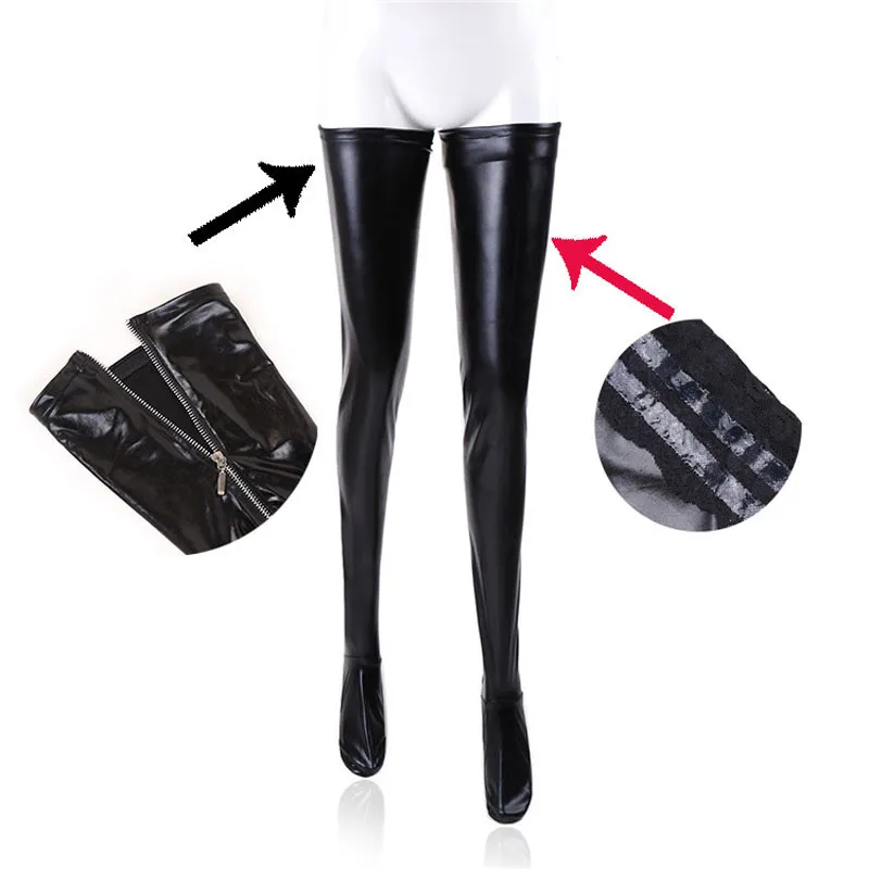 

Women Erotic Latex Zipper Stockings Lady's Black PVC Pole Dance Leather Erotic Clubwear Length Over Knee High Stockings