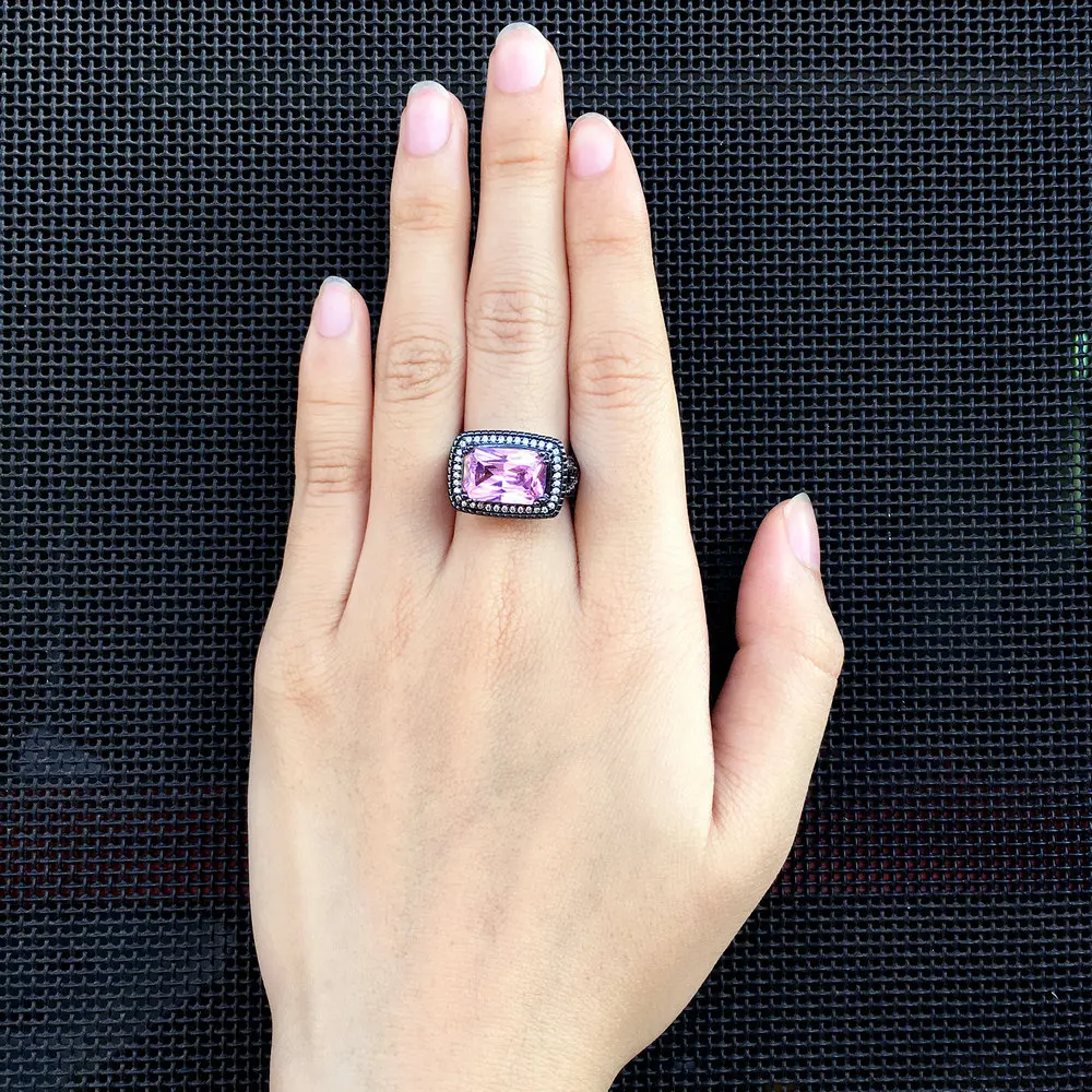 Double Fair Square Cut Black Gold Color Punk Ring Pink Cubic Zirconia Fashion Brand Cocktail Party Jewelry For Women GiftRX041DD