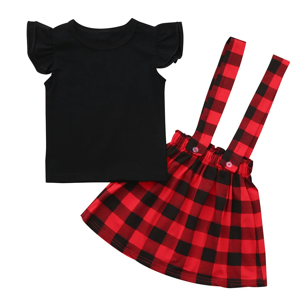 

Toddler 2019 Children's Sets Infant Baby Girls Solid Ruffle Tops Plaid Strap Skirt Clothing Set Girls Clothes Suit Dropshipping