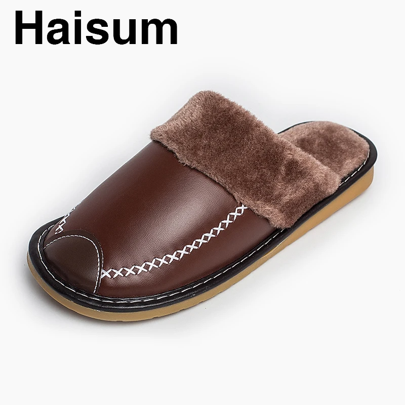 

Men 's Slippers Winter Pu Leather Home Indoor Non - Slip Thermal Slippers 2018 New Hot Haisum H-8831