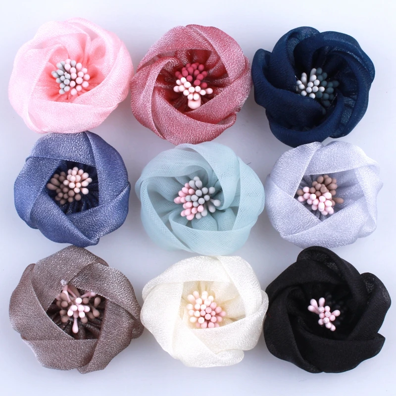 

10PCS 4CM High Quality Mini Silk Flower With Stamen Make Girls Women Beautiful Fabric Flower For Head Wear U Pick Color
