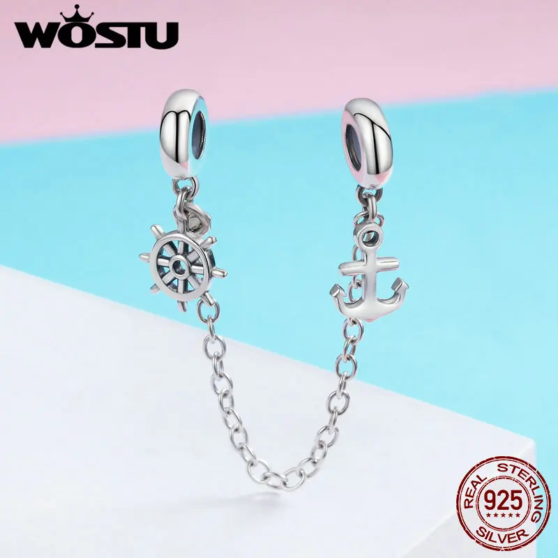 

WOSTU Hot Sale 925 Sterling Silver Anchor & Rudder Safety Chain Charm fit Bead Bracelet For Women DIY Jewelry Accessories FIC604
