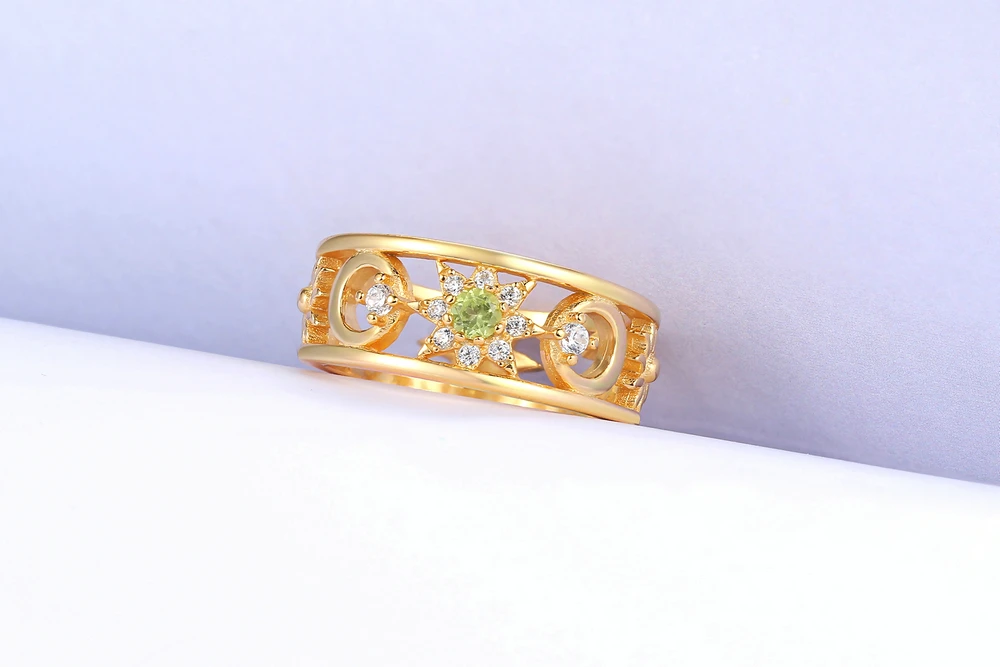 Ламун 100% натуральный Зеленый Перидот кольцо для женщин Moon & Sun S925 Стерлинговое желтое позолоченное ювелирные изделия LMRI077