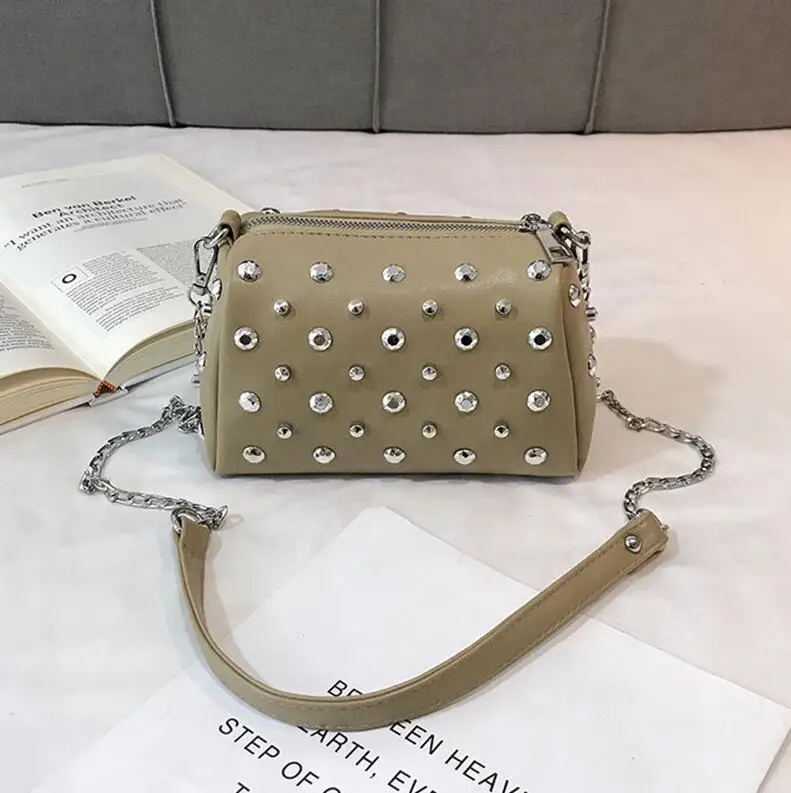 Yogodlns Bags For Women New Fashion Rivet PU Leather Women Bag Diamonds Shoulder Messenger Bag Chains Small Flap Crossbody Bag - Цвет: Khaki