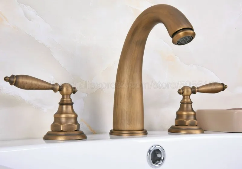 Antique Brass Widespread Bathroom Basin Faucet Dual Handle 3 Holes Basin Mixer Sink Taps Deck Mounted zan076