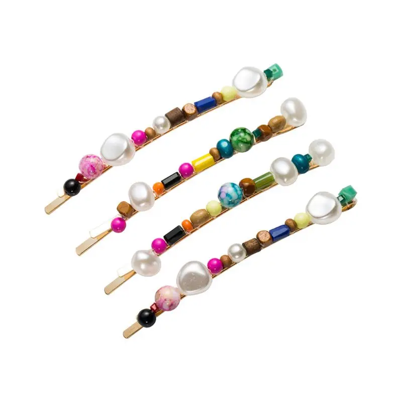 

1 Set Girls Colorful Hair Accessories Wood Imitation Pearl Fish Line Beaded Hairpin Set Word Clip Side Bangs Clips Women Hairpin