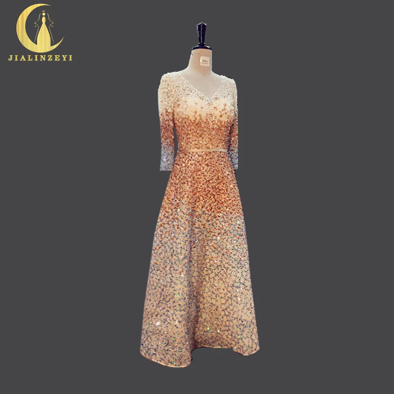 

JIALINZEYI Real Picture V Neck Luxurious Full hand Beads Long SLeeves Ankle Length Party Sexy Prom Dress Evening Dresses