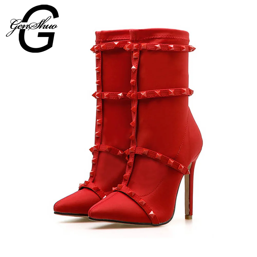 

GENSHUO 2018 New Red Black Rivet Women Boots Mid Calf Boots Sexy Belt Buckle Stiletto Ladies Shoes Women Pumps Size 5.5-9.5