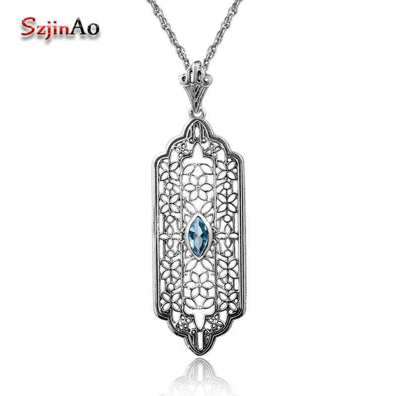 

Szjinao 925 Sterling Silver Pendant 2.3ct Blue Aquamarine Statement Vintage Wedding Bridal African Beads Jewelry For Women