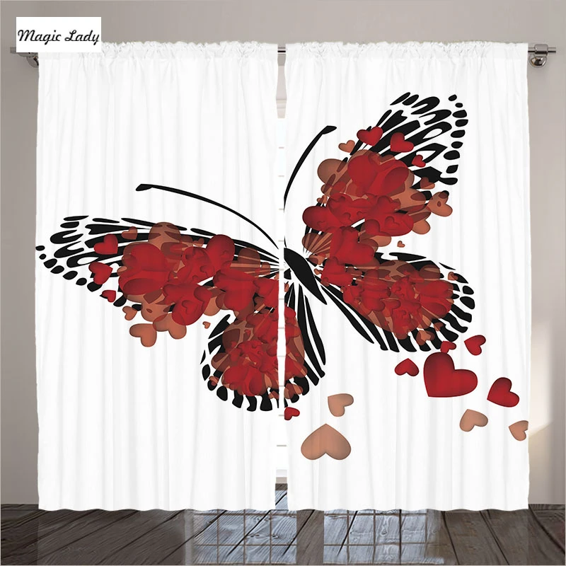 Rideaux Papillons Rouge Noir Blanc Decor Nature Coeurs D Amour Salon Chambre Rideaux Pour Les Filles Chambre 2 Panneaux 145 265 Sm Aliexpress