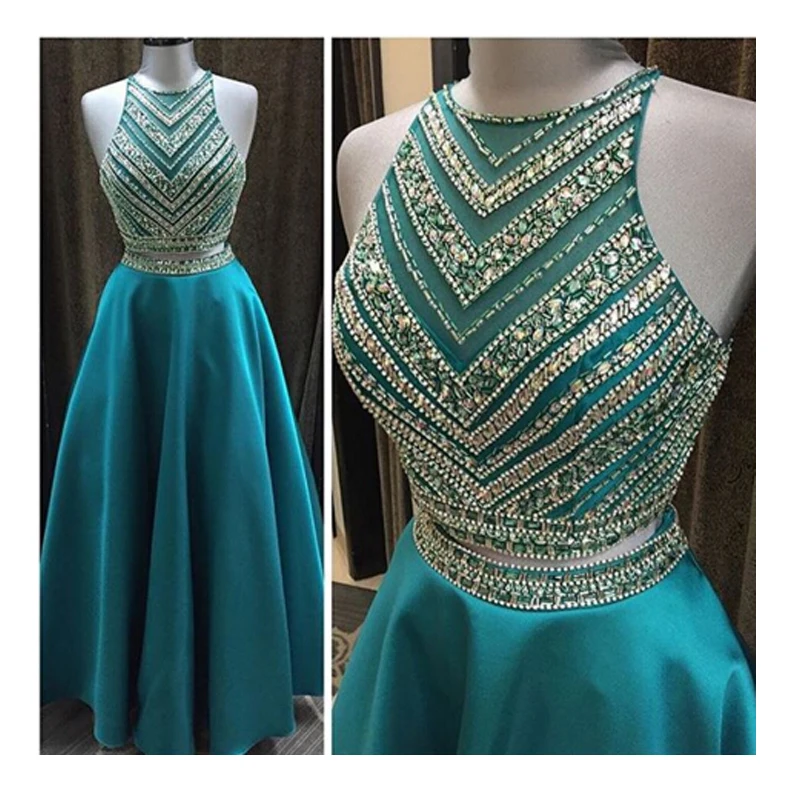 2016 Popular A Line Two Pieces Halter Long Prom font b Dress b font font b