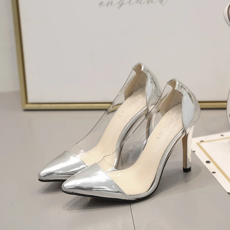 

New women's shoes 2019 spring and summer single shoes pointed high-heeled transparent thin section stitching sandals women.