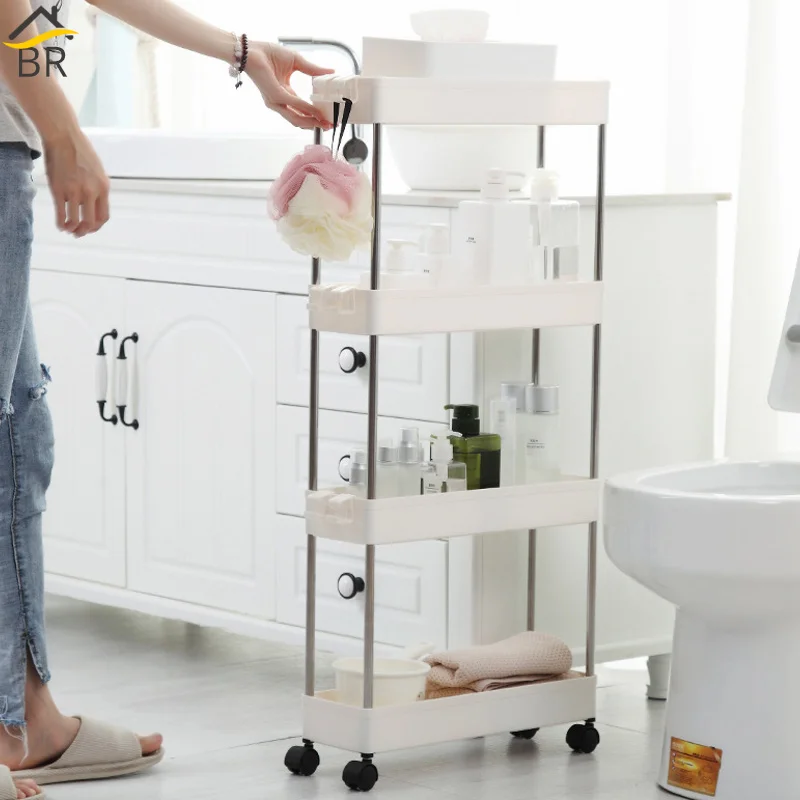 

BR Narrow Kitchen Storage Rack Fridge Side Shelf 2/3/4 Layer Removable on Wheels Bathroom Organizer Stainless Shelf Gap Holder