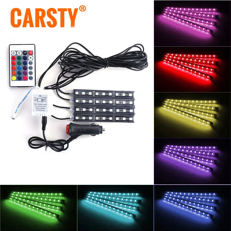 

Car RGB LED Strip Light Colors Decorative Atmosphere Lamps Auto RGB Pathway Floor Light Car Interior Light With Remote 12V