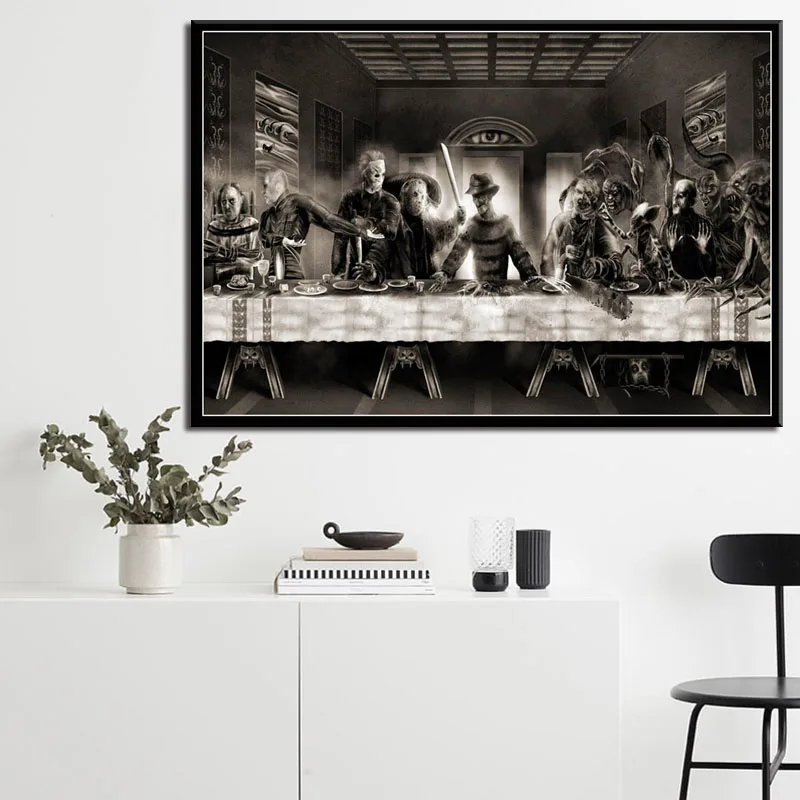 

P772 Last Supper Classic Horror Movie Characters Freddy Jason Hannibal Pinhead Art Painting Silk Canvas Poster Wall Home Decor