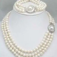 Очень хорошо 3 Ряда 8-9 мм Akoya Белый Перламутр Ожерелье браслет Mabe Застежка Серебряный люкс женщины Ювелирные Изделия