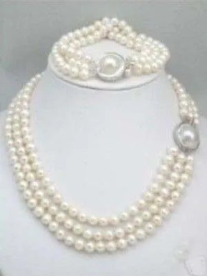 

very good 3Rows 8-9mm Akoya White Mother Pearl Necklace Bracelet set Mabe Clasp Wholesale Silver bridal Woman's Jewellery
