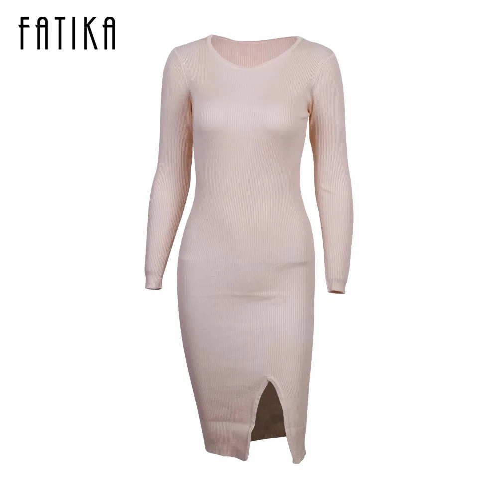 FATIKA 2017 Womens Autumn Spring font b Dresses b font Sexy Midi Sheath Slim Hem Slit